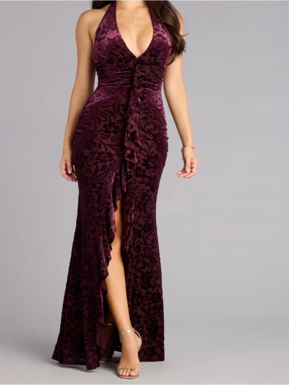 Windsor Plum Velvet Halter Maxi Dress